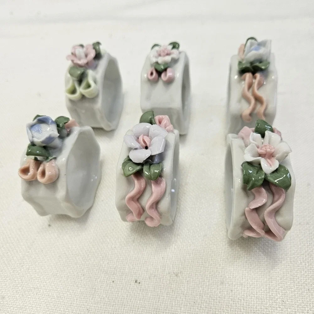 Vintage VTG Napkin Rings Set of 6 White Floral Porcelain Table Decor Cottagecore